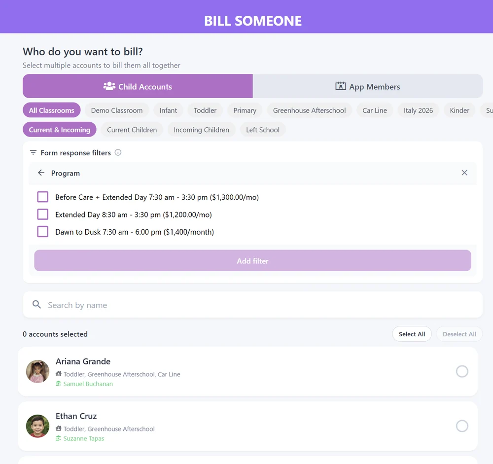 Bill Someone screen with the Program question from an enrollment contract open, listing three programs with monthly prices to choose from.