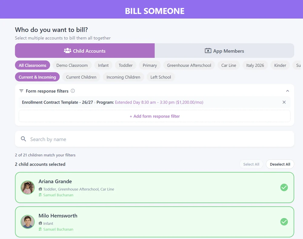 Bill Someone screen filtered to Extended Day, showing the matching children selected.