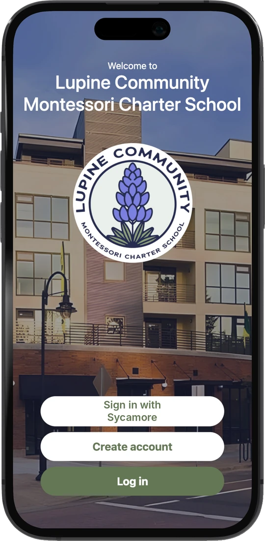 Welcome screen of Lupine Community Montessori Charter School’s standalone Onespot app, shown with a Sign in with Sycamore button