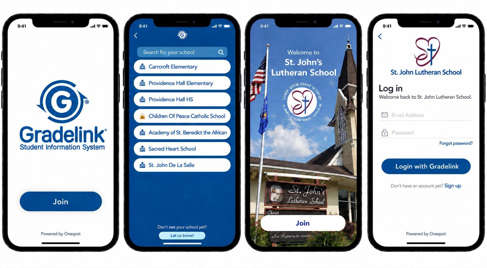 Four phone screens: a Gradelink SIS splash screen with a Join button, a school search list, a branded welcome screen for St. John's Lutheran School, and a login screen for that school.