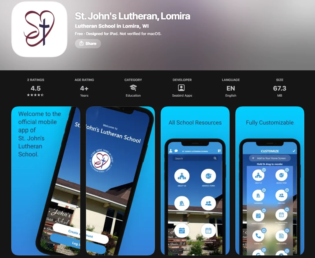 The App Store listing for the St. John's Lutheran Lomira app.