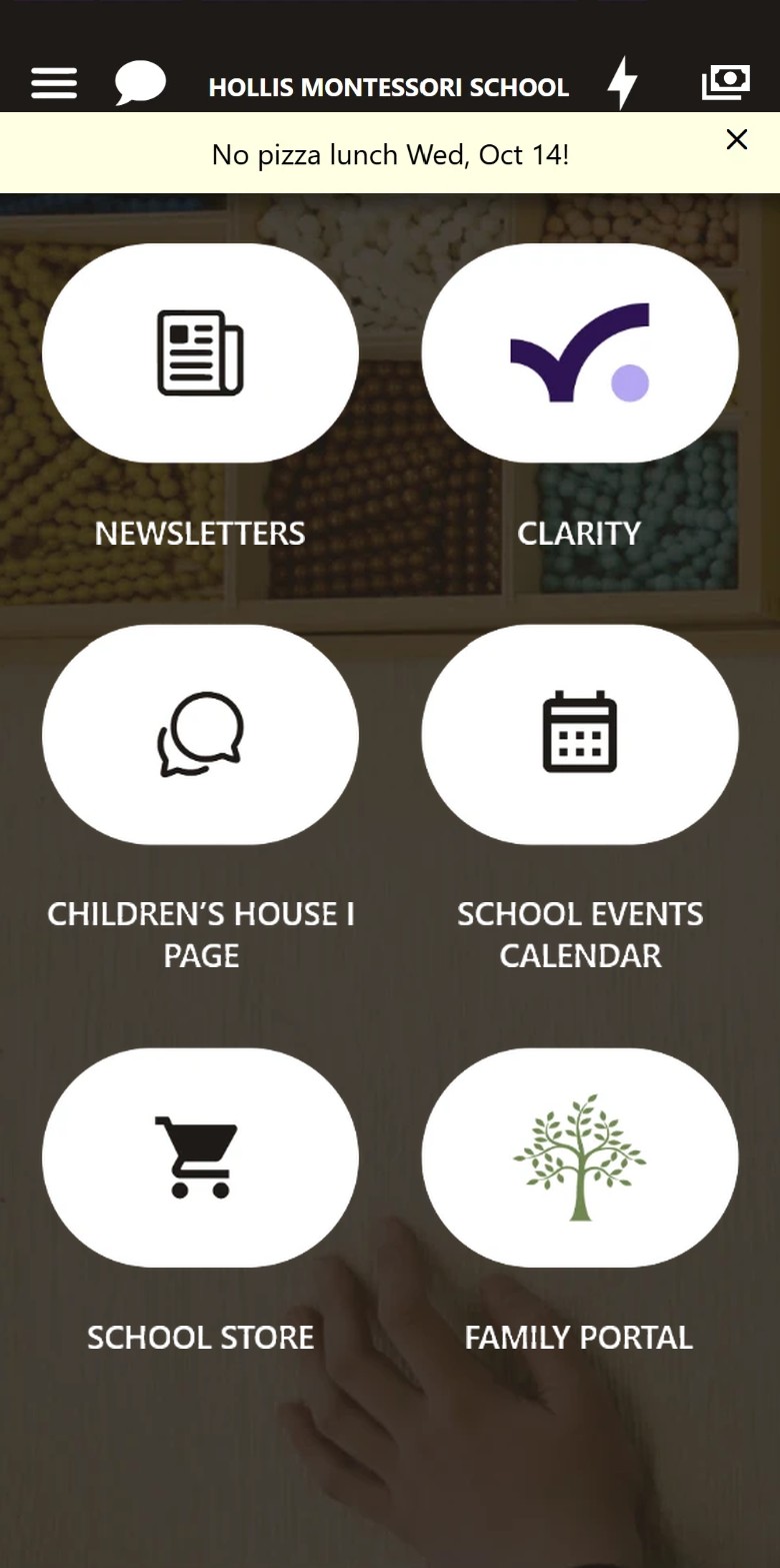 Hollis Montessori School’s Onespot app home screen, with a Clarity tile and a billing button in the top bar
