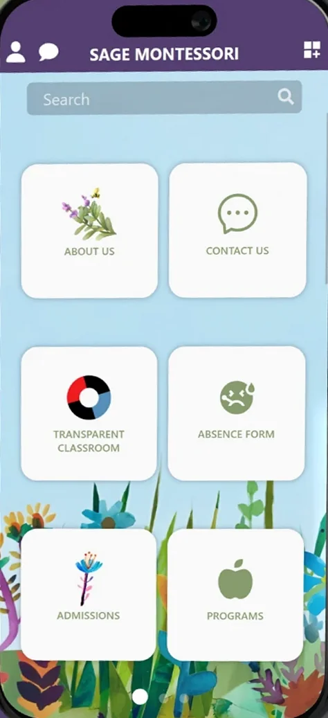 The app's home screen, with tiles for About Us, Contact Us, Transparent Classroom, Absence Form, Admissions and Programs.