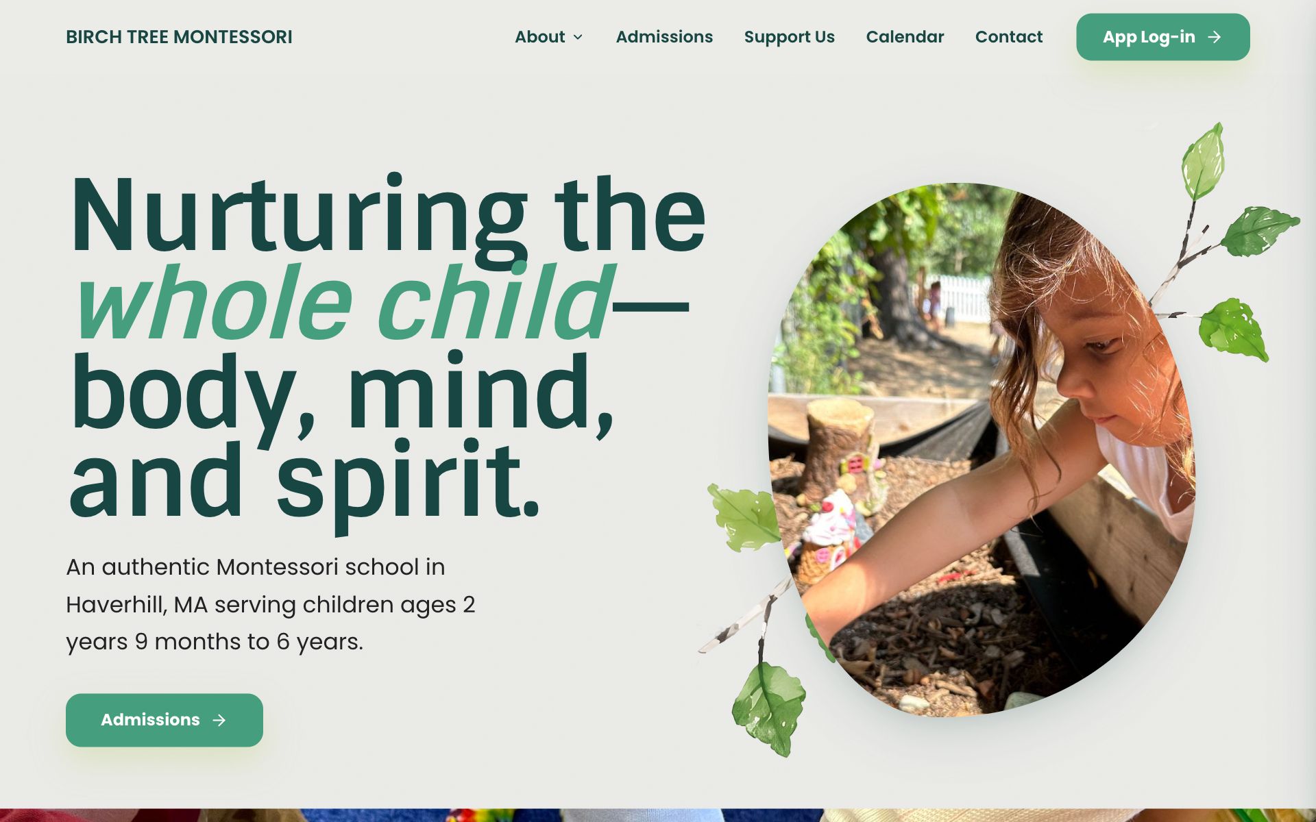 Birch Tree Montessori website homepage on desktop