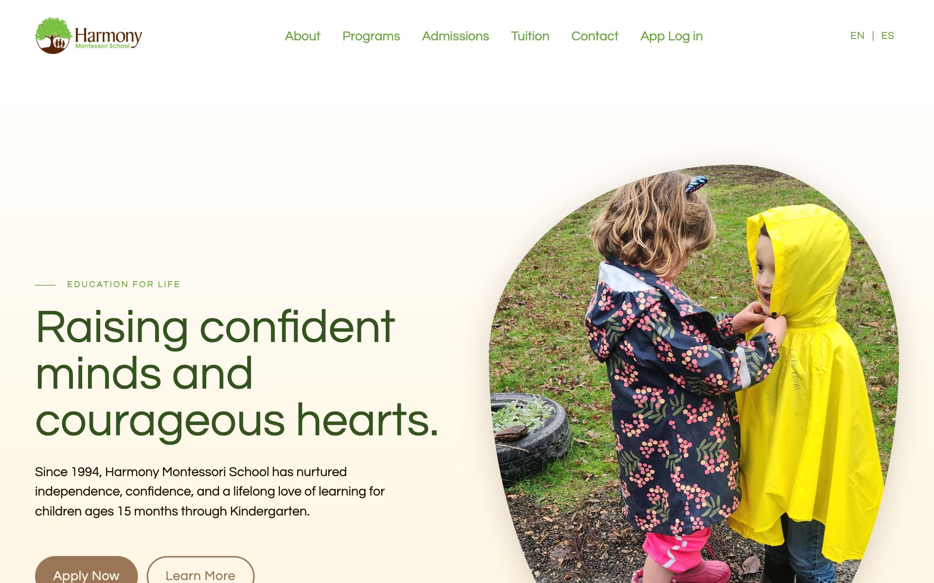 Harmony Montessori School website homepage on desktop